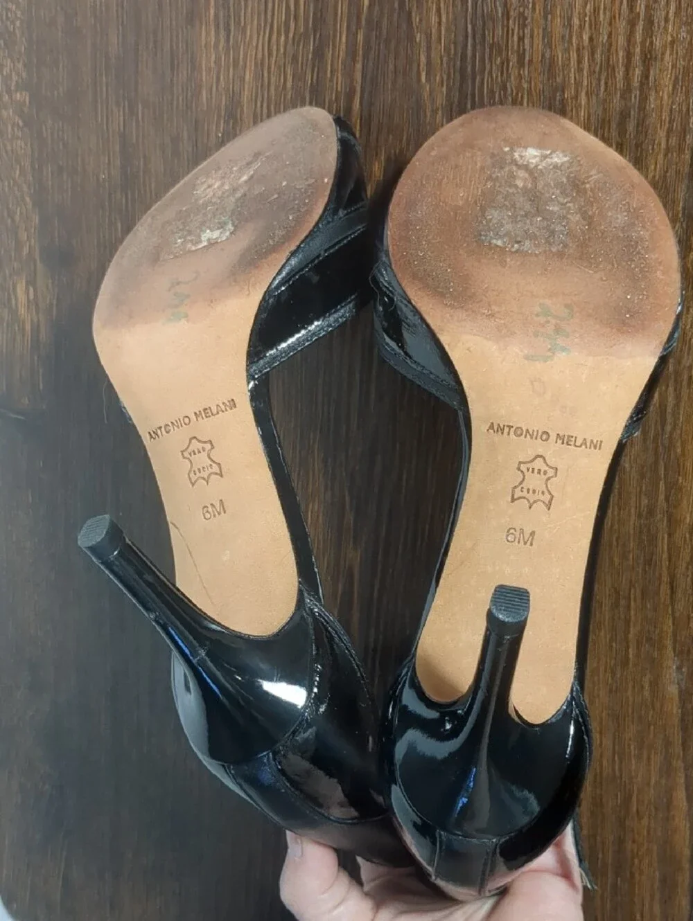 Antonio Melani Black Patent Leather Art Deco Peep Toe Ankle Strap Heels, SZ 6